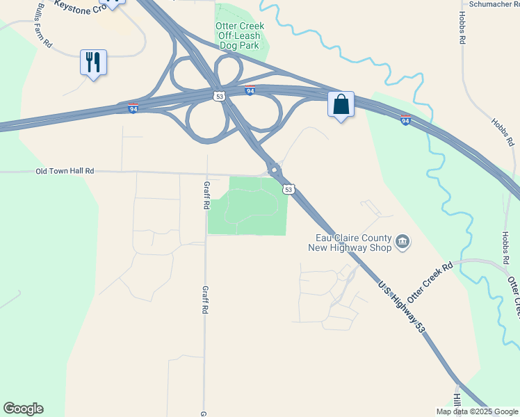 map of restaurants, bars, coffee shops, grocery stores, and more near 5750 Old Town Hall Road in Eau Claire