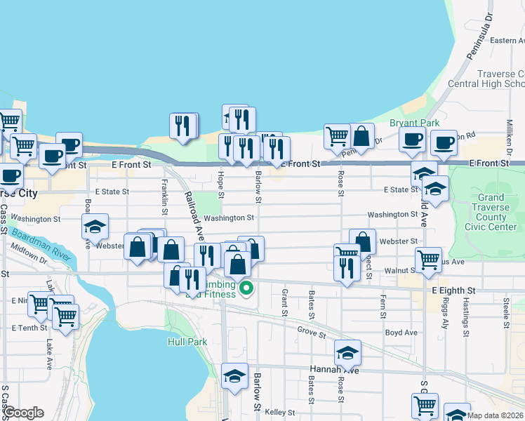 map of restaurants, bars, coffee shops, grocery stores, and more near 801 Washington Street in Traverse City
