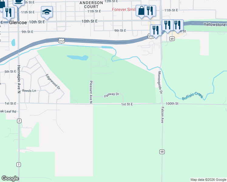 map of restaurants, bars, coffee shops, grocery stores, and more near 1801 1st Street East in Glencoe