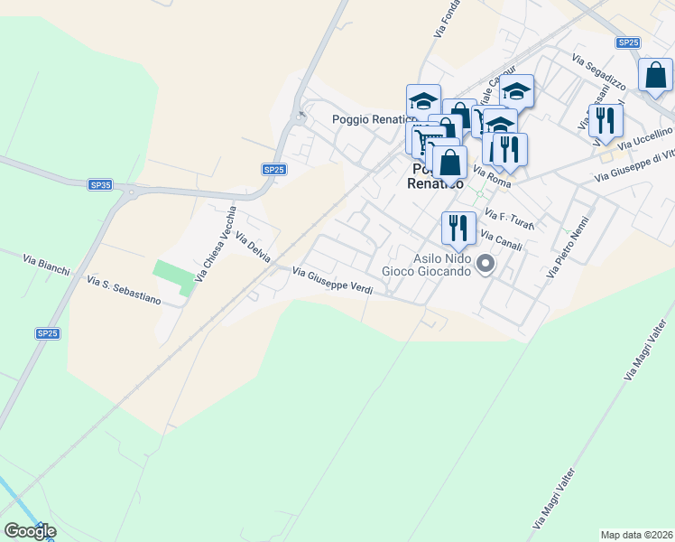 map of restaurants, bars, coffee shops, grocery stores, and more near 48 Via Giuseppe Verdi in Poggio Renatico