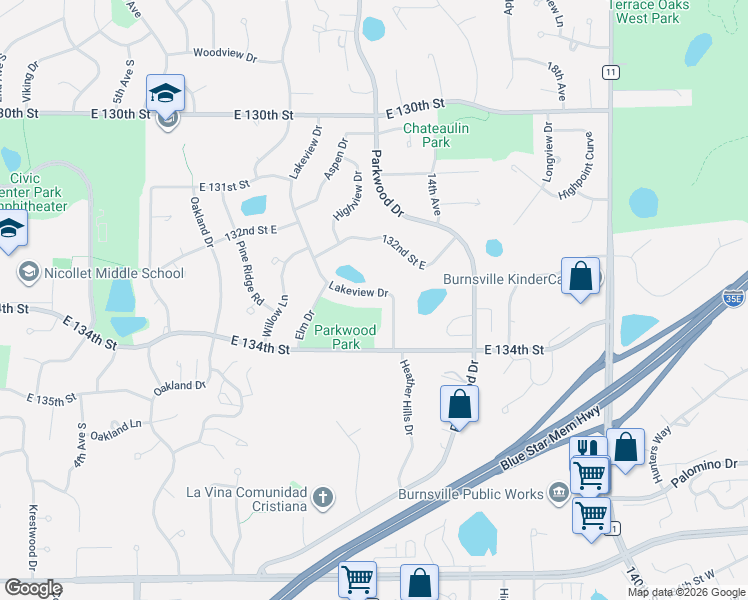map of restaurants, bars, coffee shops, grocery stores, and more near 13308 Lakeview Drive in Burnsville