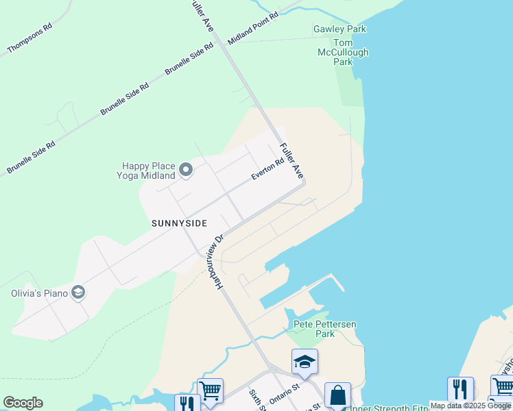 map of restaurants, bars, coffee shops, grocery stores, and more near 1064 Harbourview Drive in Midland