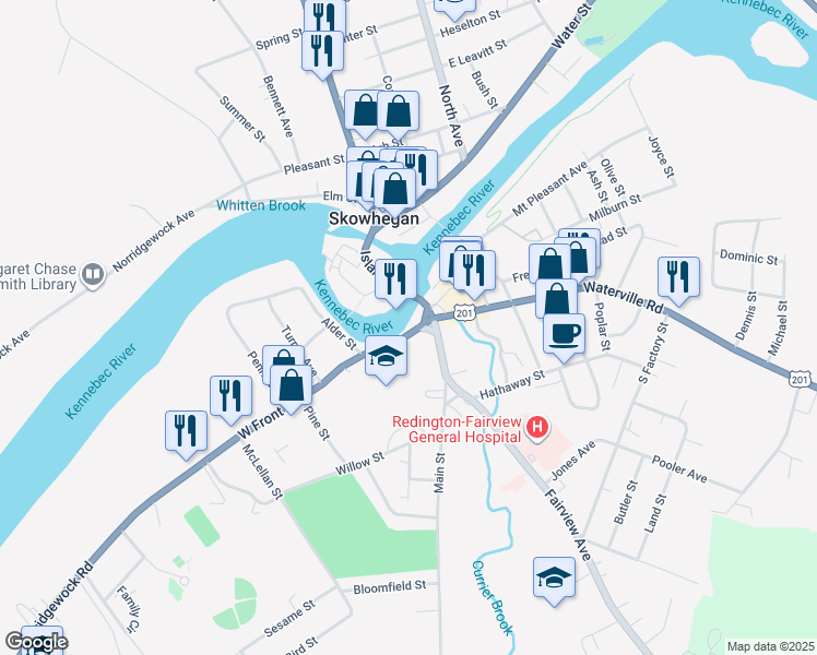 map of restaurants, bars, coffee shops, grocery stores, and more near 14 West Front Street in Skowhegan