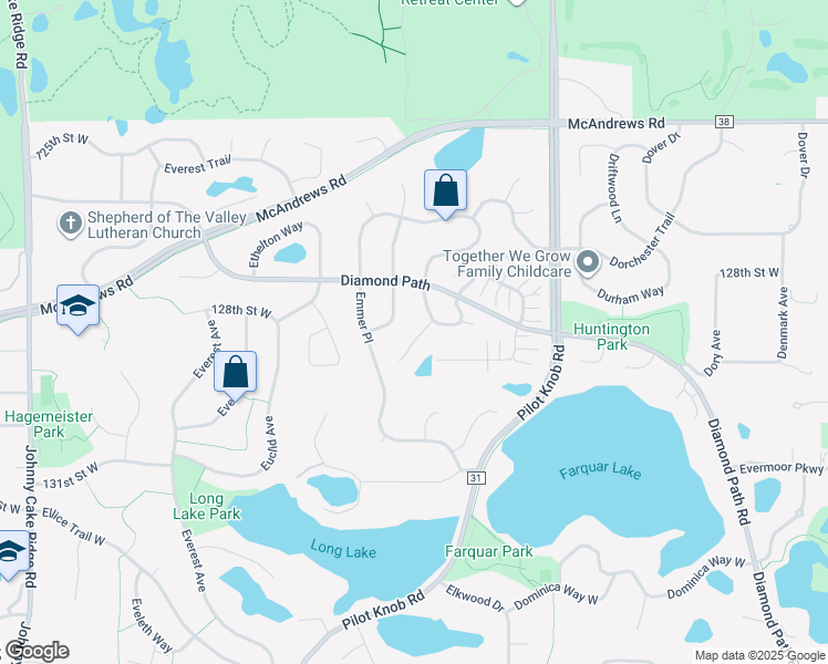 map of restaurants, bars, coffee shops, grocery stores, and more near 12995 Eastview Court in Apple Valley