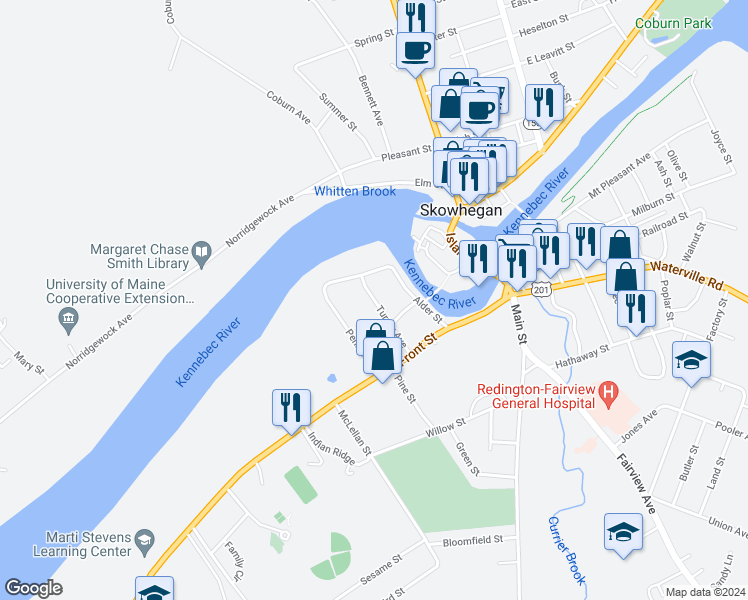 map of restaurants, bars, coffee shops, grocery stores, and more near 30 Turner Avenue in Skowhegan