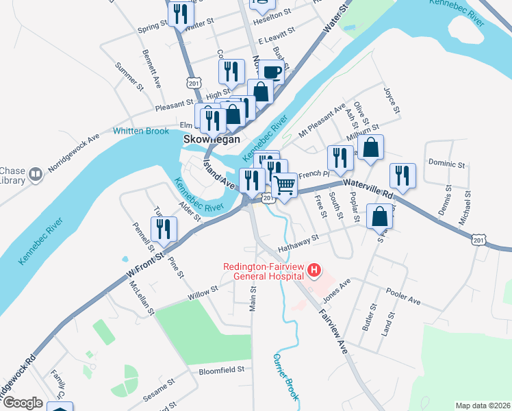 map of restaurants, bars, coffee shops, grocery stores, and more near 21 Main Street in Skowhegan