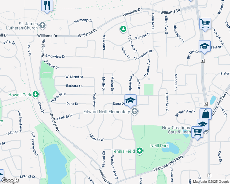 map of restaurants, bars, coffee shops, grocery stores, and more near 2800 Highland Drive in Burnsville