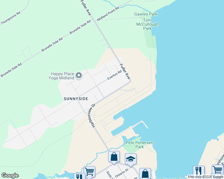 map of restaurants, bars, coffee shops, grocery stores, and more near 1042 Harbourview Drive in Midland