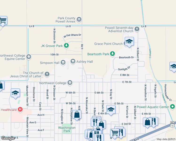 map of restaurants, bars, coffee shops, grocery stores, and more near 749 North Beckman Street in Powell
