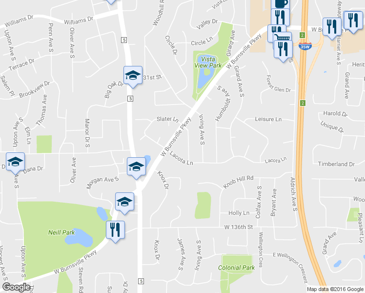 map of restaurants, bars, coffee shops, grocery stores, and more near 13212 James Avenue South in Burnsville