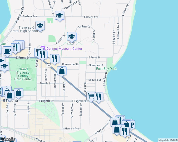 map of restaurants, bars, coffee shops, grocery stores, and more near 1908 Shawnee Street in Traverse City