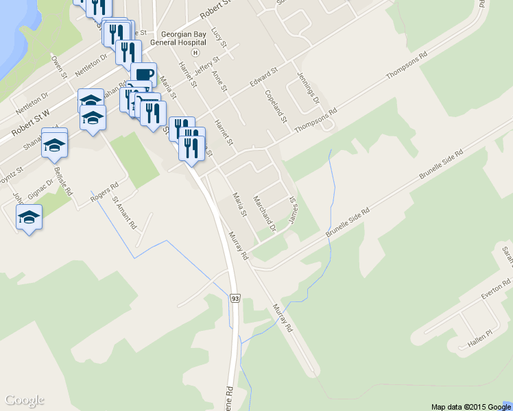 map of restaurants, bars, coffee shops, grocery stores, and more near 24 Marchand Drive in Penetanguishene