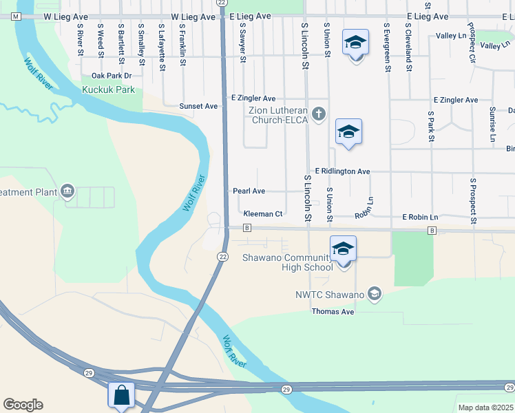 map of restaurants, bars, coffee shops, grocery stores, and more near 241 Pearl Avenue in Shawano
