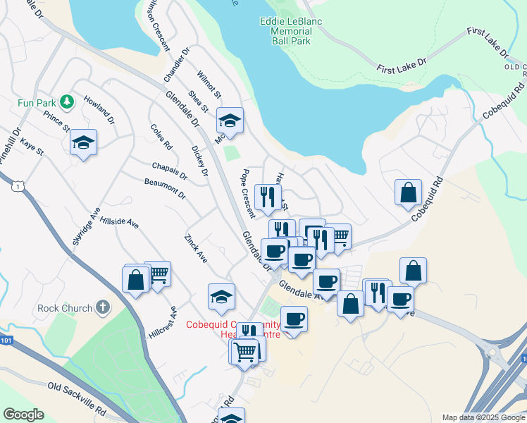 map of restaurants, bars, coffee shops, grocery stores, and more near 52 Nelson Drive in Lower Sackville