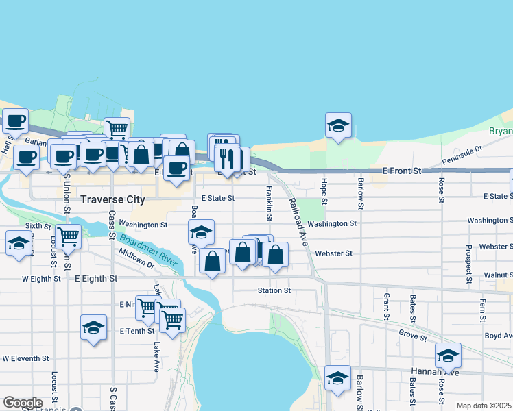map of restaurants, bars, coffee shops, grocery stores, and more near 529 East State Street in Traverse City