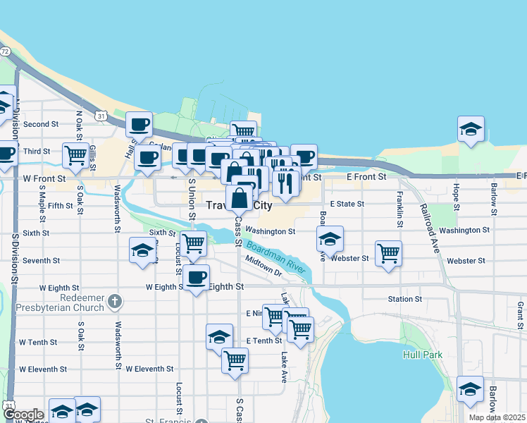 map of restaurants, bars, coffee shops, grocery stores, and more near in Traverse City