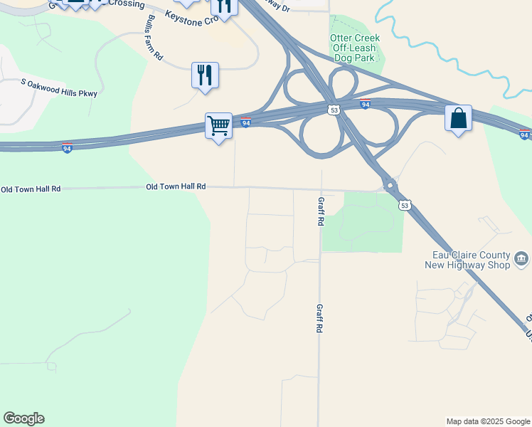map of restaurants, bars, coffee shops, grocery stores, and more near 5399 Old Town Hall Road in Eau Claire