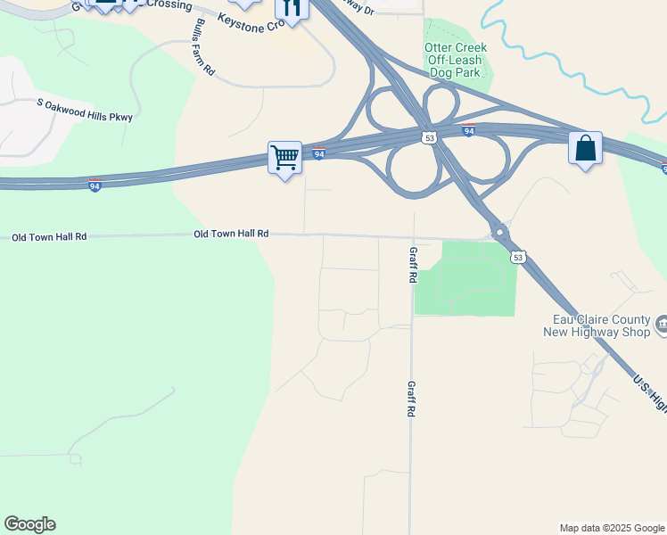 map of restaurants, bars, coffee shops, grocery stores, and more near 5399 Old Town Hall Road in Eau Claire
