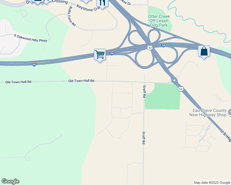 map of restaurants, bars, coffee shops, grocery stores, and more near 5399 Old Town Hall Road in Eau Claire