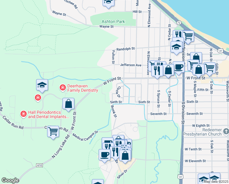 map of restaurants, bars, coffee shops, grocery stores, and more near 117 Beech Street in Traverse City