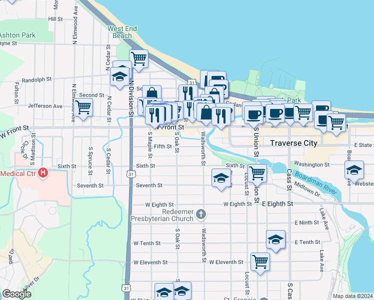 map of restaurants, bars, coffee shops, grocery stores, and more near 427 Fifth Street in Traverse City