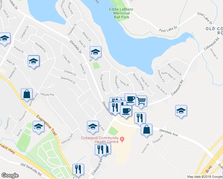 map of restaurants, bars, coffee shops, grocery stores, and more near Nelson Drive in Lower Sackville