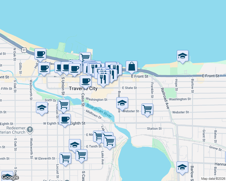map of restaurants, bars, coffee shops, grocery stores, and more near 333 East State Street in Traverse City