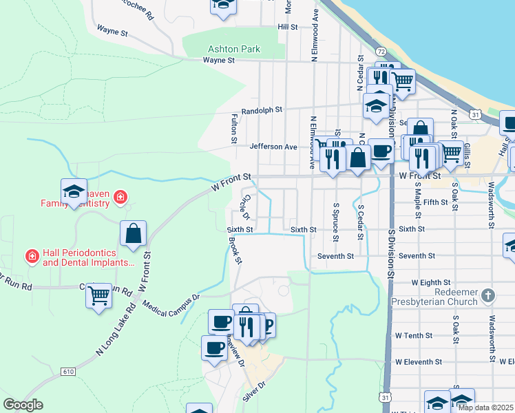 map of restaurants, bars, coffee shops, grocery stores, and more near 217 South Madison Street in Traverse City