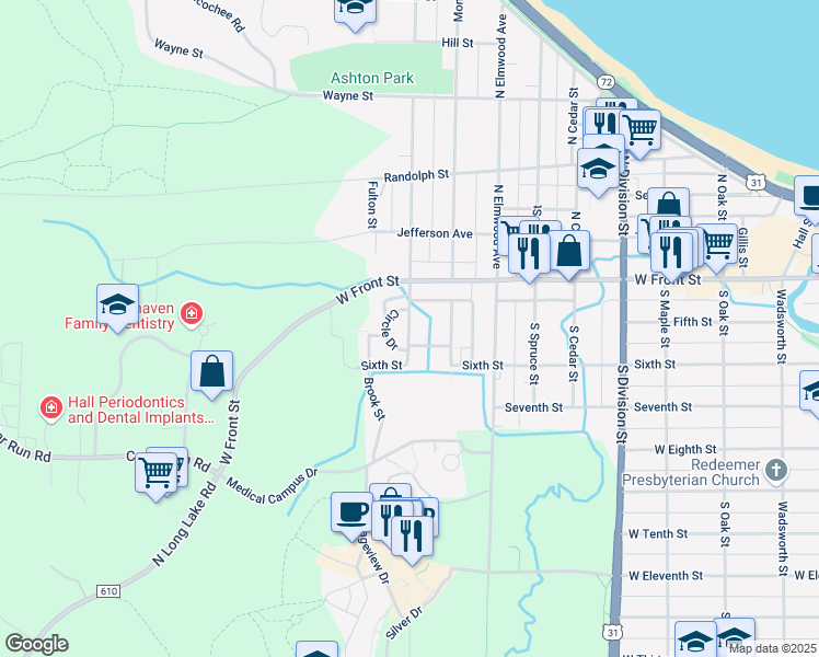 map of restaurants, bars, coffee shops, grocery stores, and more near 217 South Madison Street in Traverse City