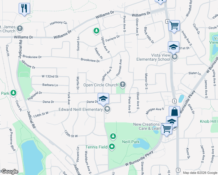 map of restaurants, bars, coffee shops, grocery stores, and more near 13216 Elm Lane in Burnsville