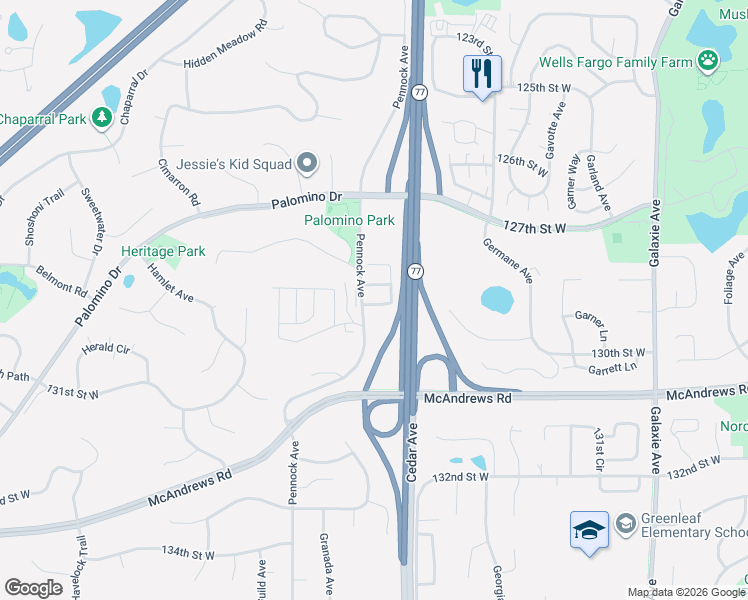 map of restaurants, bars, coffee shops, grocery stores, and more near 12844 Glen Way in Apple Valley