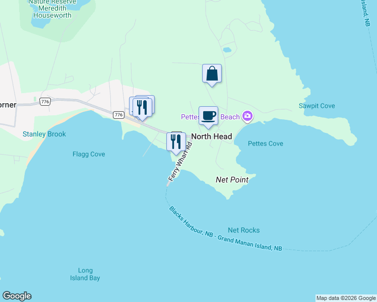 map of restaurants, bars, coffee shops, grocery stores, and more near 11 Ferry Wharf Road in Grand Manan