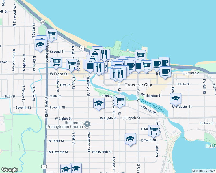 map of restaurants, bars, coffee shops, grocery stores, and more near 134 West State Street in Traverse City