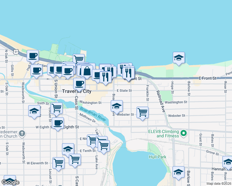 map of restaurants, bars, coffee shops, grocery stores, and more near 402 East State Street in Traverse City