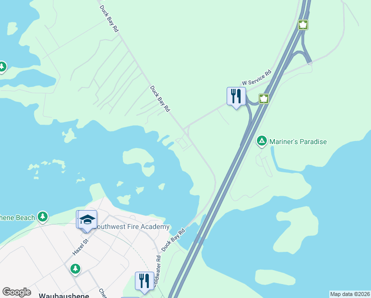 map of restaurants, bars, coffee shops, grocery stores, and more near 140 Duck Bay Road in Waubaushene