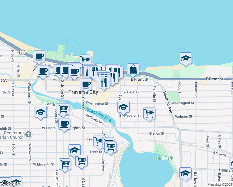 map of restaurants, bars, coffee shops, grocery stores, and more near 340 East State Street in Traverse City
