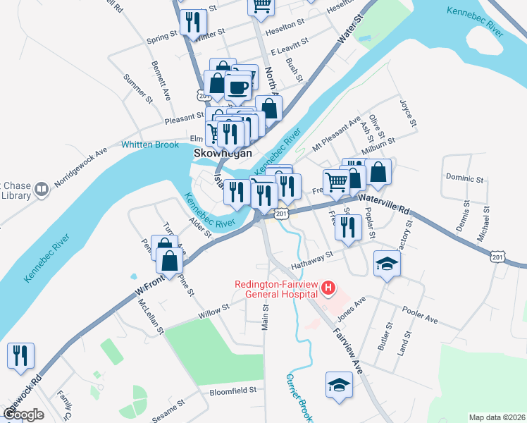 map of restaurants, bars, coffee shops, grocery stores, and more near 21 Main Street in Skowhegan