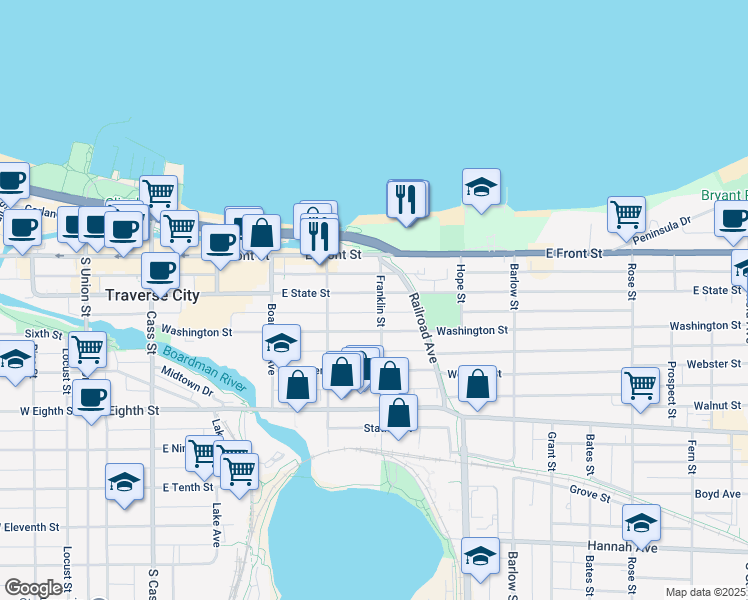 map of restaurants, bars, coffee shops, grocery stores, and more near 544 East State Street in Traverse City