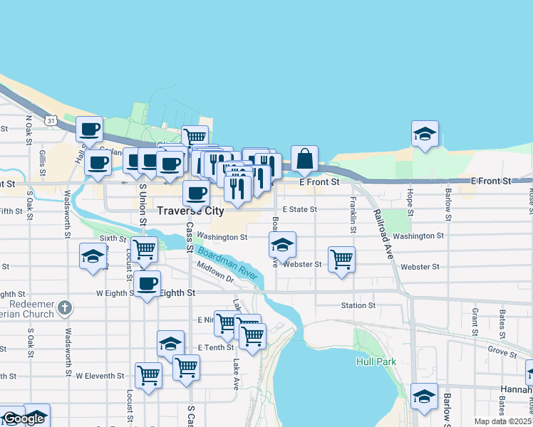 map of restaurants, bars, coffee shops, grocery stores, and more near 340 East State Street in Traverse City