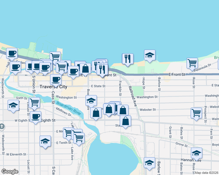 map of restaurants, bars, coffee shops, grocery stores, and more near 516 East State Street in Traverse City