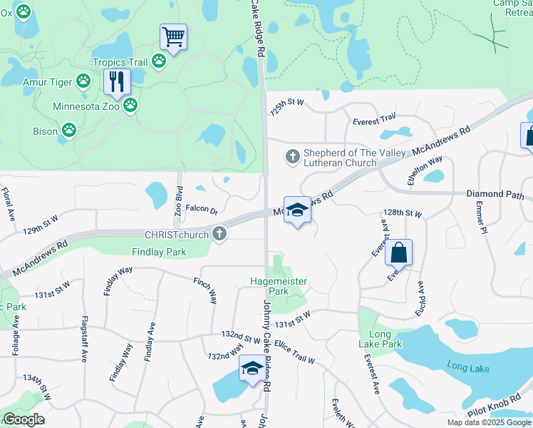 map of restaurants, bars, coffee shops, grocery stores, and more near Johnny Cake Ridge Road & 125th Street West in Apple Valley