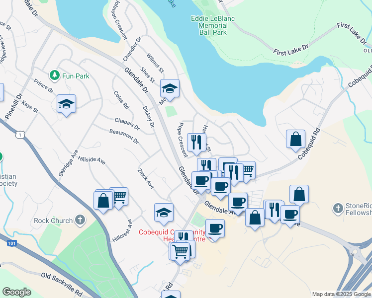 map of restaurants, bars, coffee shops, grocery stores, and more near 31 Pope Crescent in Lower Sackville