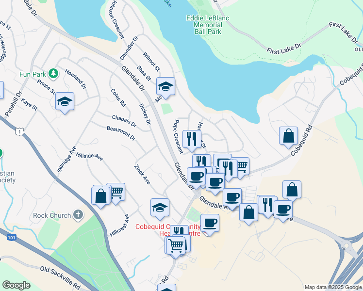 map of restaurants, bars, coffee shops, grocery stores, and more near 31 Pope Crescent in Lower Sackville
