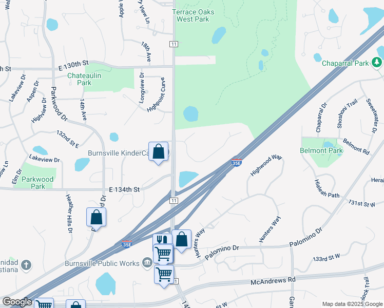 map of restaurants, bars, coffee shops, grocery stores, and more near 2004 Great Oaks Drive in Burnsville