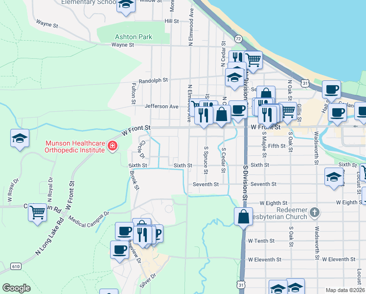 map of restaurants, bars, coffee shops, grocery stores, and more near 121 South Elmwood Avenue in Traverse City