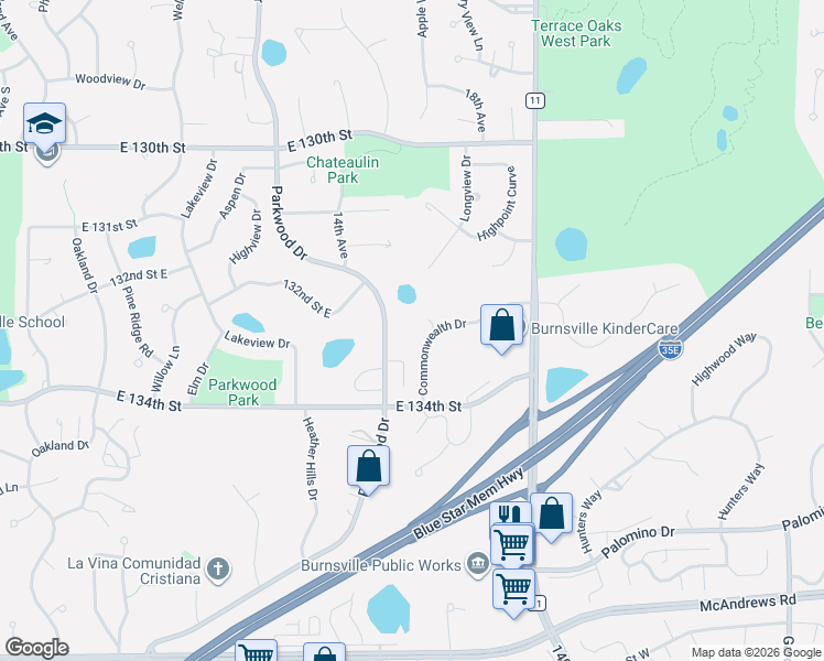 map of restaurants, bars, coffee shops, grocery stores, and more near 13300 Commonwealth Drive in Burnsville