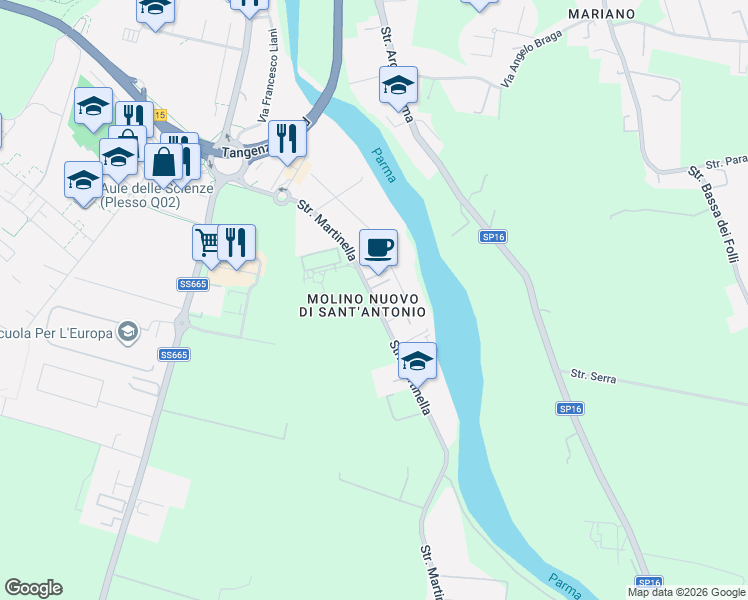 map of restaurants, bars, coffee shops, grocery stores, and more near 1-113 Strada Martinella in Parma