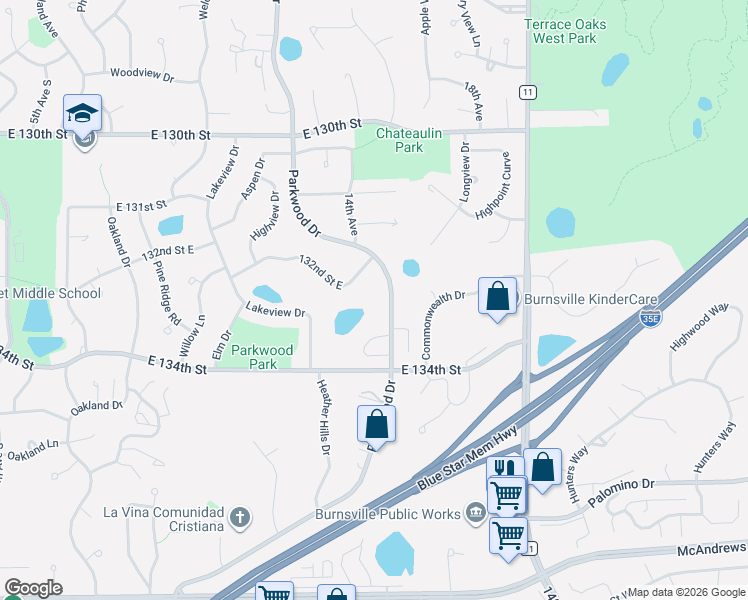 map of restaurants, bars, coffee shops, grocery stores, and more near 1401 132nd Street East in Burnsville
