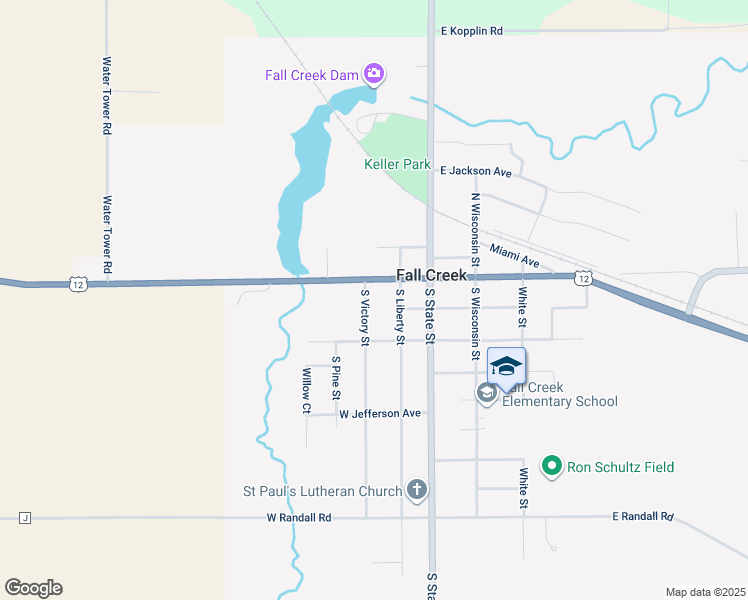map of restaurants, bars, coffee shops, grocery stores, and more near 124 South Victory Street in Fall Creek