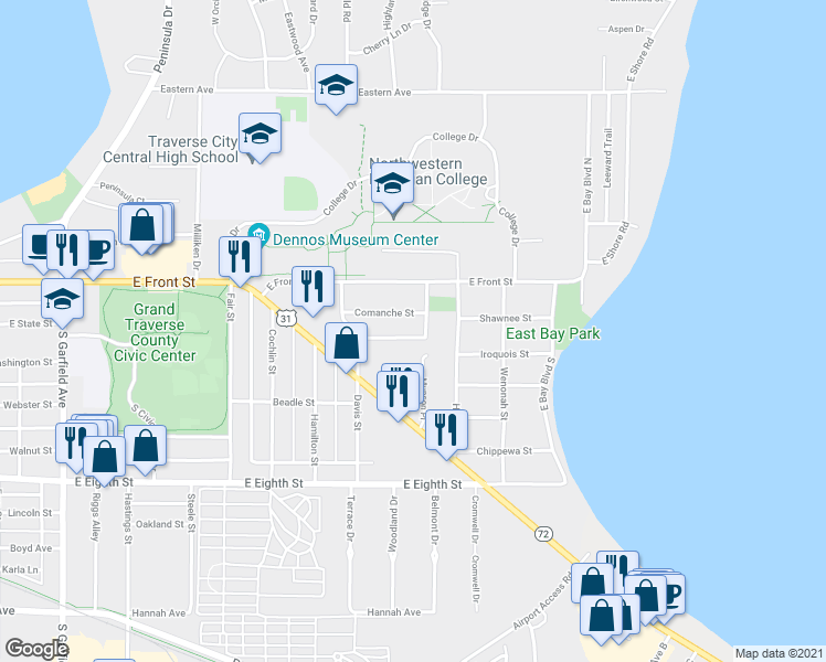 map of restaurants, bars, coffee shops, grocery stores, and more near 1735 Indian Woods Drive in Traverse City